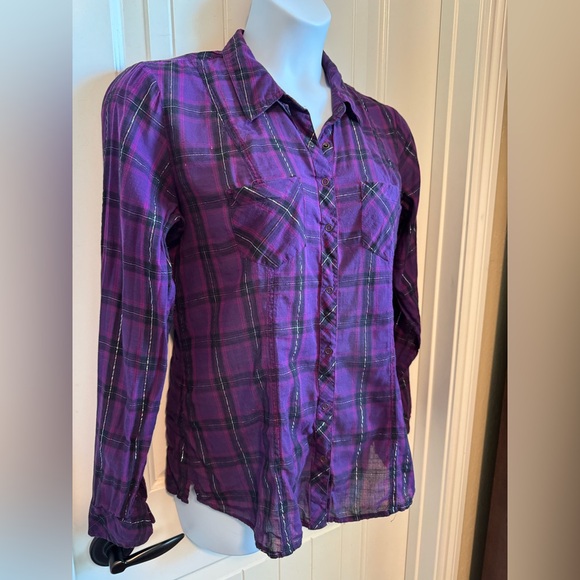 Guess Cowgirl Snap Front Purple/Black Metallic Thread Plaid Long Sleeve Shirt XL - Picture 2 of 7